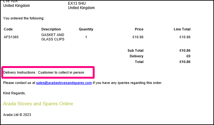 Click and Collect Order Confirmation Email
